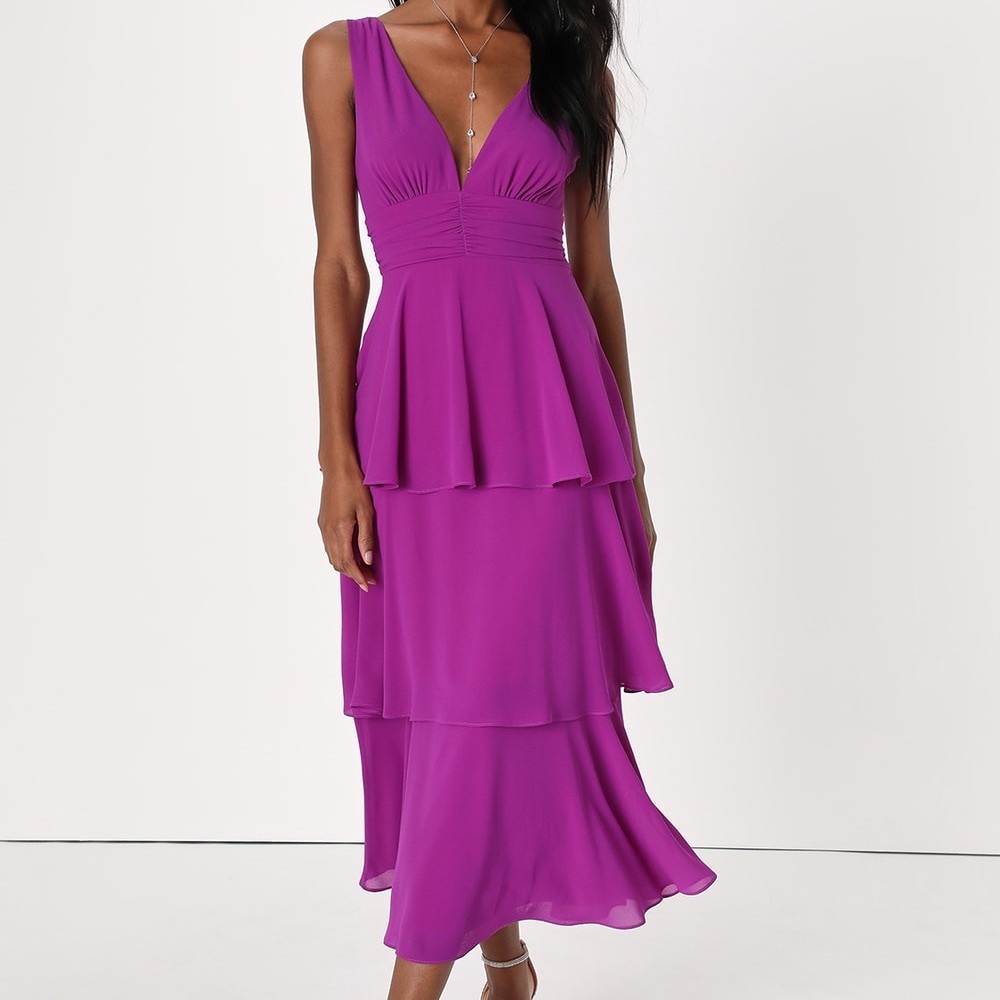 Celebration Time Purple Sleeveless Tiered Midi Dress